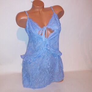 Victoria Secret Lingerie Chemise Slip Large Blue Allover Lace Overlay New